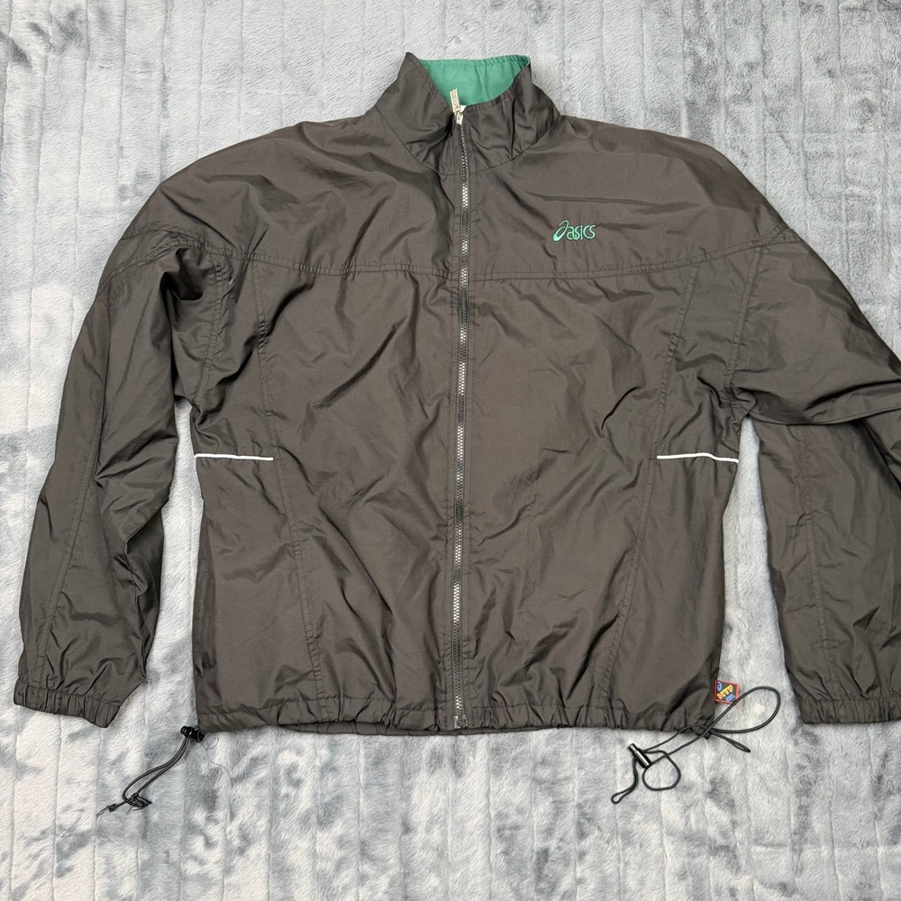 Asics Vintage Windbreaker Jacket Mens XL Grey Teal Full Zip Mesh Lined HTF Tag